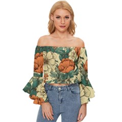 Flowers Pattern Texture Art Colorful Nature Painting Surface Vintage Off Shoulder Flutter Bell Sleeve Top