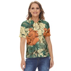 Flowers Pattern Texture Art Colorful Nature Painting Surface Vintage Women s Short Sleeve Double Pocket Shirt