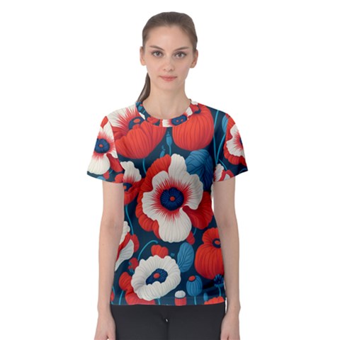 Red Poppies Flowers Art Nature Pattern Women s Sport Mesh T-shirt by Maspions