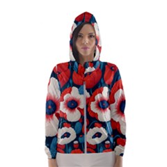 Red Poppies Flowers Art Nature Pattern Women s Hooded Windbreaker