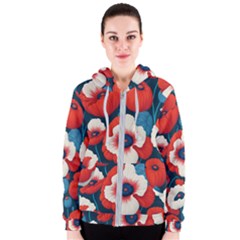 Red Poppies Flowers Art Nature Pattern Women s Zipper Hoodie