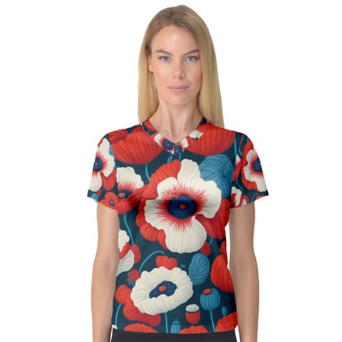 Red Poppies Flowers Art Nature Pattern V-neck Sport Mesh T-shirt by Maspions