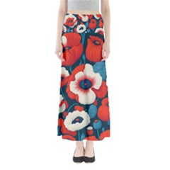 Red Poppies Flowers Art Nature Pattern Full Length Maxi Skirt by Maspions