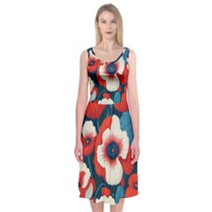 Red Poppies Flowers Art Nature Pattern Midi Sleeveless Dress