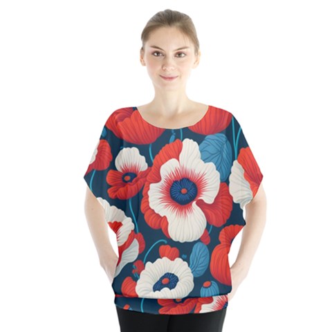 Red Poppies Flowers Art Nature Pattern Batwing Chiffon Blouse by Maspions