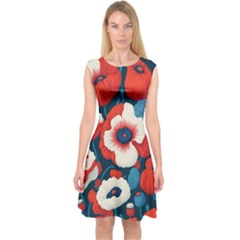 Red Poppies Flowers Art Nature Pattern Capsleeve Midi Dress by Maspions