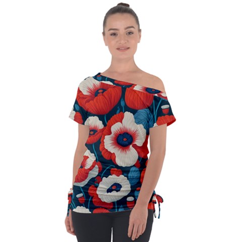 Red Poppies Flowers Art Nature Pattern Off Shoulder Tie-up T-shirt by Maspions