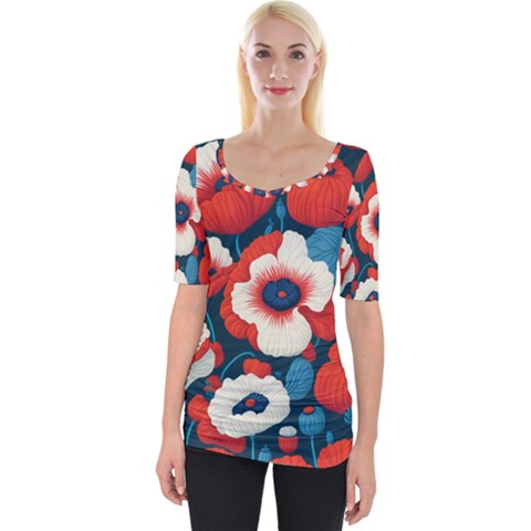 Red Poppies Flowers Art Nature Pattern Wide Neckline T-shirt by Maspions