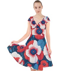 Red Poppies Flowers Art Nature Pattern Cap Sleeve Front Wrap Midi Dress by Maspions