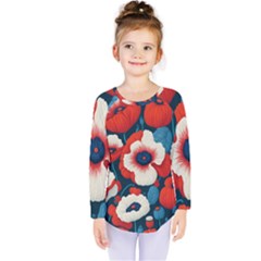 Red Poppies Flowers Art Nature Pattern Kids  Long Sleeve T-shirt