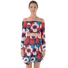 Red Poppies Flowers Art Nature Pattern Off Shoulder Top With Skirt Set