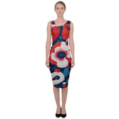 Red Poppies Flowers Art Nature Pattern Sleeveless Pencil Dress by Maspions