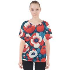 Red Poppies Flowers Art Nature Pattern V-neck Dolman Drape Top