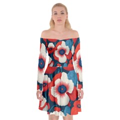 Red Poppies Flowers Art Nature Pattern Off Shoulder Skater Dress