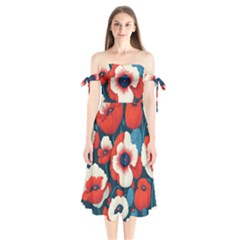 Red Poppies Flowers Art Nature Pattern Shoulder Tie Bardot Midi Dress