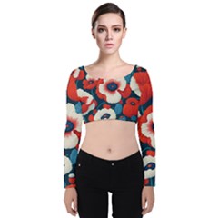 Red Poppies Flowers Art Nature Pattern Velvet Long Sleeve Crop Top