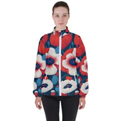 Red Poppies Flowers Art Nature Pattern Women s High Neck Windbreaker