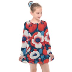 Red Poppies Flowers Art Nature Pattern Kids  Long Sleeve Dress