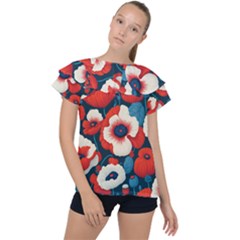 Red Poppies Flowers Art Nature Pattern Ruffle Collar Chiffon Blouse