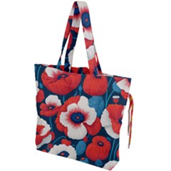 Red Poppies Flowers Art Nature Pattern Drawstring Tote Bag