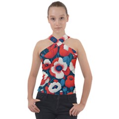 Red Poppies Flowers Art Nature Pattern Cross Neck Velour Top