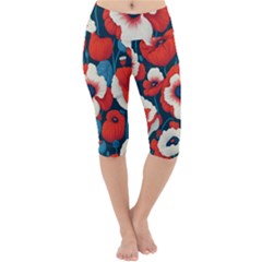 Red Poppies Flowers Art Nature Pattern Lightweight Velour Cropped Yoga Leggings by Maspions