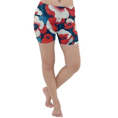 Red Poppies Flowers Art Nature Pattern Lightweight Velour Yoga Shorts