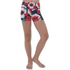 Red Poppies Flowers Art Nature Pattern Kids  Lightweight Velour Yoga Shorts