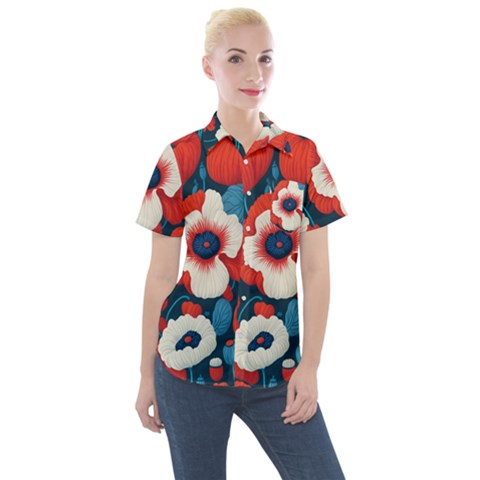 Red Poppies Flowers Art Nature Pattern Women s Short Sleeve Pocket Shirt by Maspions