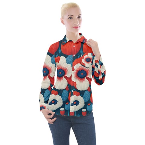 Red Poppies Flowers Art Nature Pattern Women s Long Sleeve Pocket Shirt by Maspions