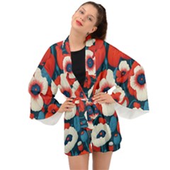 Red Poppies Flowers Art Nature Pattern Long Sleeve Kimono