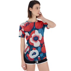 Red Poppies Flowers Art Nature Pattern Perpetual Short Sleeve T-shirt by Maspions