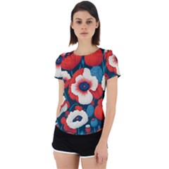 Red Poppies Flowers Art Nature Pattern Back Cut Out Sport T-shirt