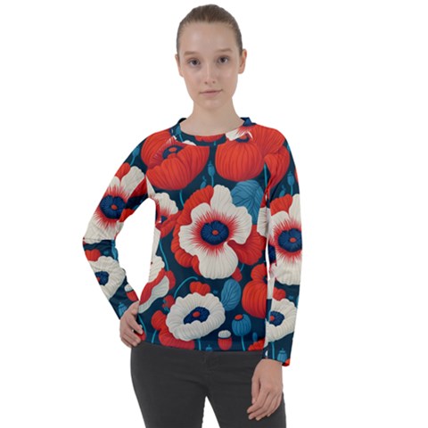 Red Poppies Flowers Art Nature Pattern Women s Long Sleeve Raglan T-shirt by Maspions