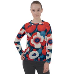 Red Poppies Flowers Art Nature Pattern Women s Long Sleeve Raglan T-shirt