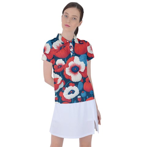 Red Poppies Flowers Art Nature Pattern Women s Polo T-shirt by Maspions