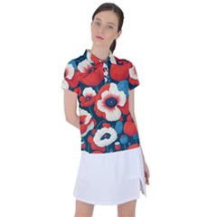 Red Poppies Flowers Art Nature Pattern Women s Polo T-shirt