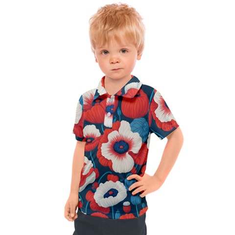 Red Poppies Flowers Art Nature Pattern Kids  Polo T-shirt by Maspions