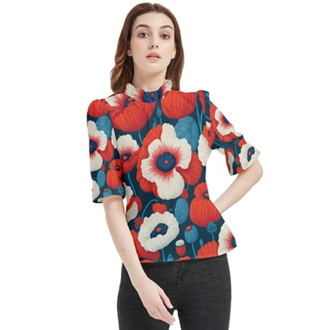 Red Poppies Flowers Art Nature Pattern Frill Neck Blouse by Maspions