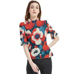 Red Poppies Flowers Art Nature Pattern Frill Neck Blouse