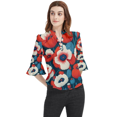 Red Poppies Flowers Art Nature Pattern Loose Horn Sleeve Chiffon Blouse by Maspions