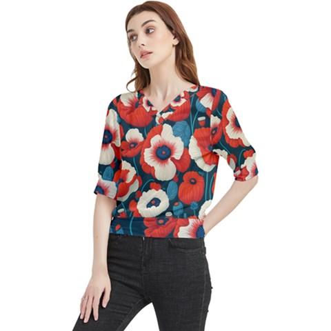 Red Poppies Flowers Art Nature Pattern Quarter Sleeve Blouse by Maspions