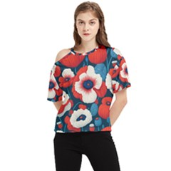 Red Poppies Flowers Art Nature Pattern One Shoulder Cut Out T-shirt by Maspions