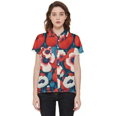 Red Poppies Flowers Art Nature Pattern Short Sleeve Pocket Shirt