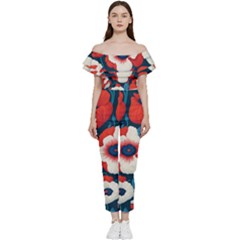 Red Poppies Flowers Art Nature Pattern Bardot Ruffle Jumpsuit