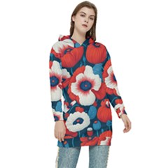 Red Poppies Flowers Art Nature Pattern Women s Long Oversized Pullover Hoodie