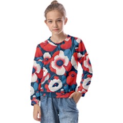 Red Poppies Flowers Art Nature Pattern Kids  Long Sleeve T-shirt With Frill 