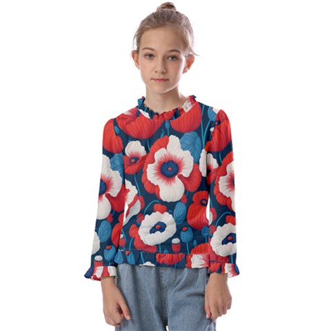 Red Poppies Flowers Art Nature Pattern Kids  Frill Detail T-shirt by Maspions