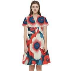 Red Poppies Flowers Art Nature Pattern Short Sleeve Waist Detail Dress