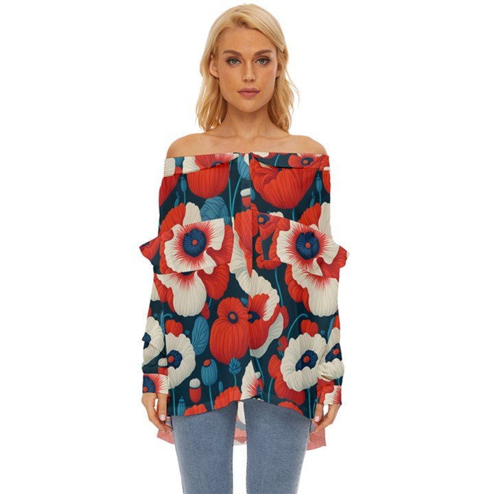 Red Poppies Flowers Art Nature Pattern Off Shoulder Chiffon Pocket Shirt